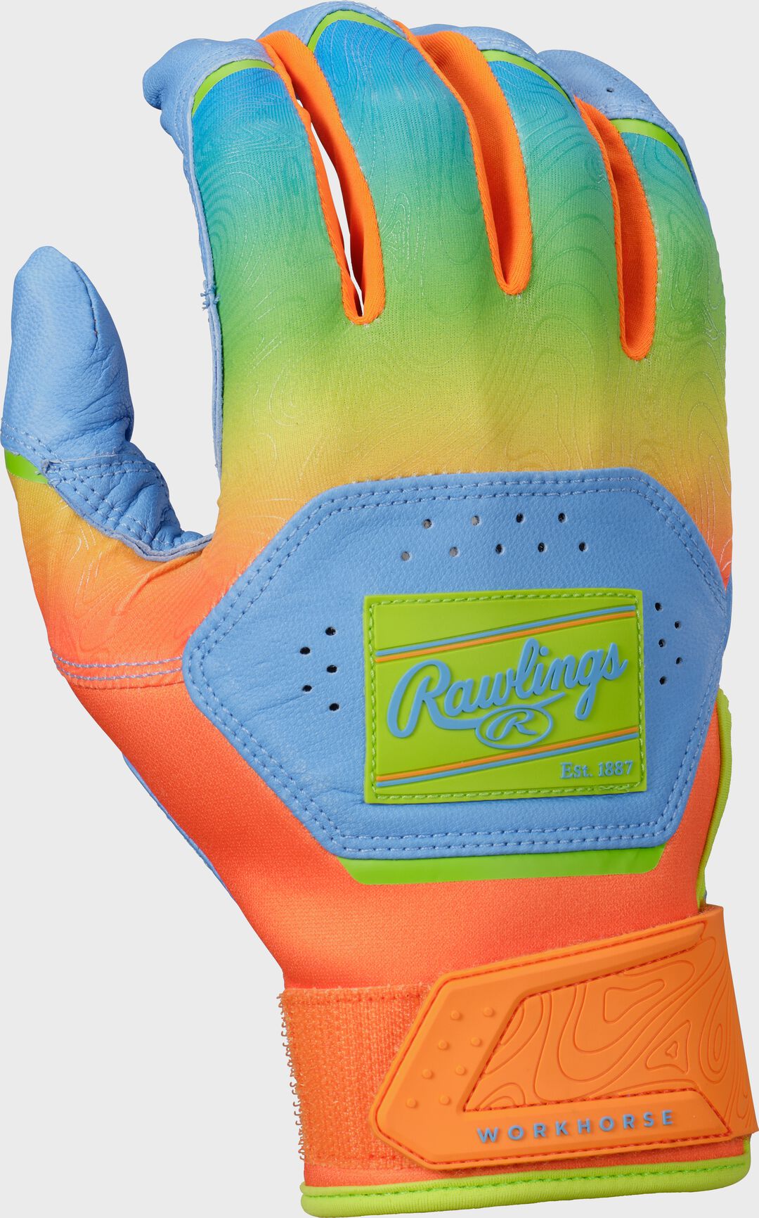 Rawlings Workhorse Columbia Blue/Orange Youth Fun Burst Batting Gloves - Image 2
